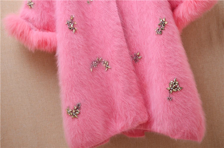 Female Women Fall Winter Sweet Pink Beading Hairy Mink Cashmere Knitted Fur Sleeves Slim Cardigan Angora Fur Jacket Sweater Pull