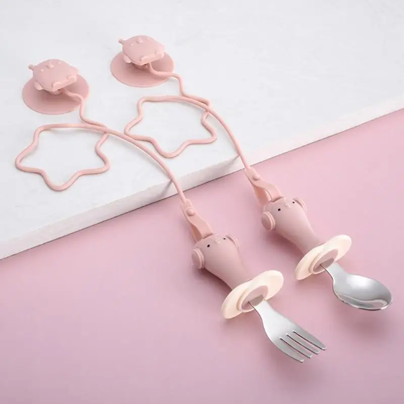 

Baby Led Weaning Utensils Stainless Steel Training Spoon Fork with Suction Base Anti Loss Chain Toddler Feeding Tool A2UB