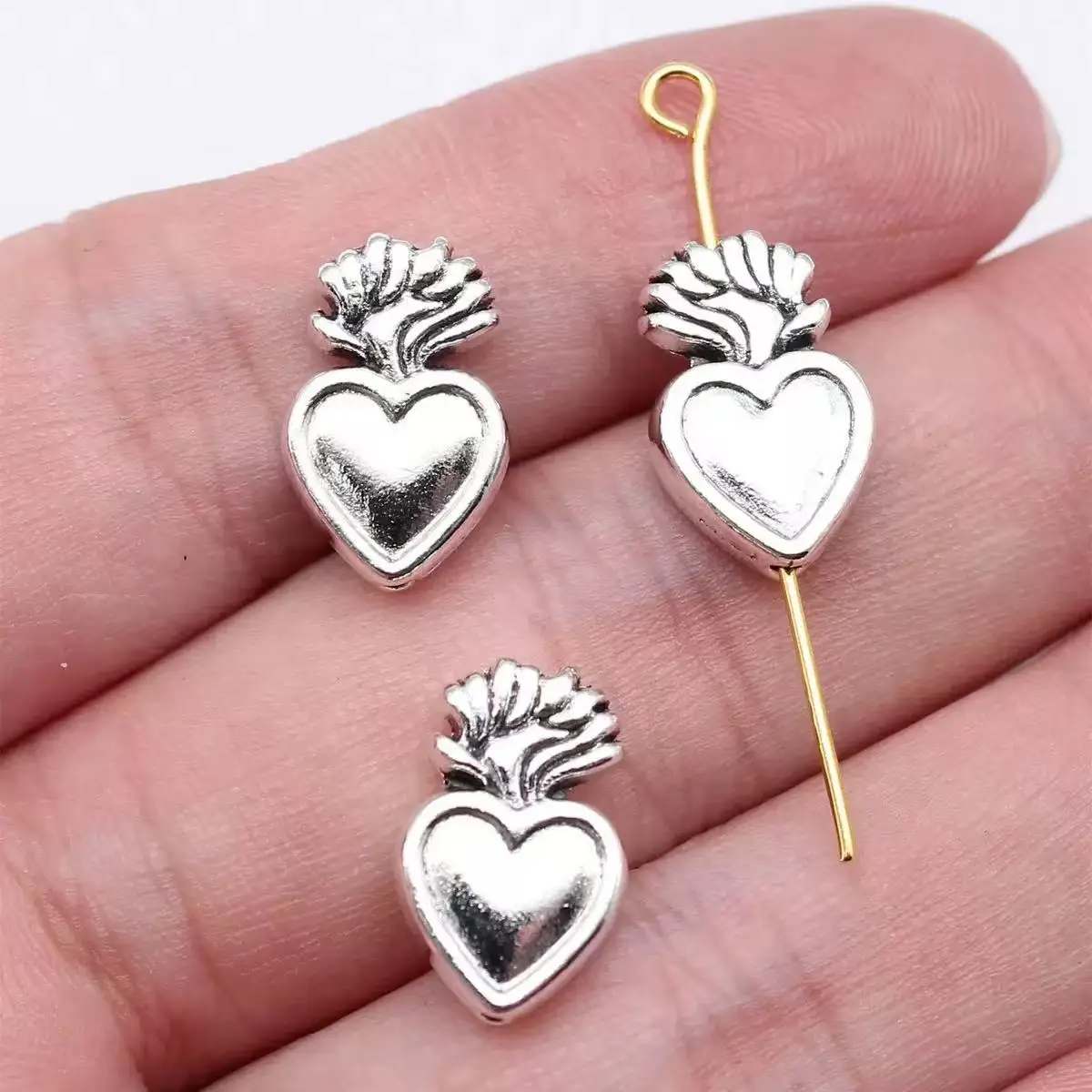 15pcs Silver Plated Catholic Sacred Heart Interval Beads DIY Charms Bracelet Necklace Jewelry Crafts Metal Accessories 16*10mm