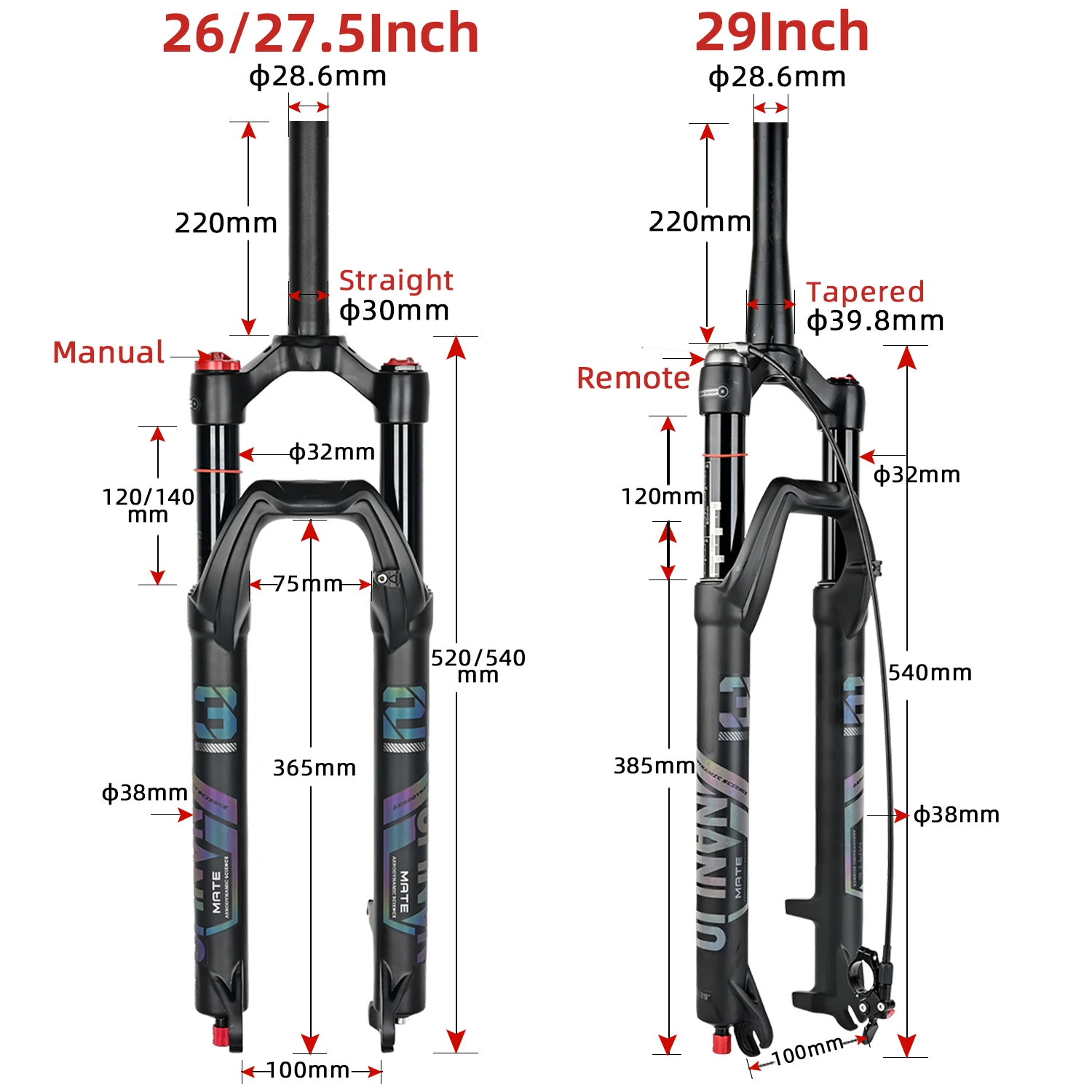 NANLIO X7 Bicycle Suspension Air Fork Rebound Adjustment 26/27.5/29Inch Straight/Tapered RL/LO MTB Bike Fork 120 140MM Travel