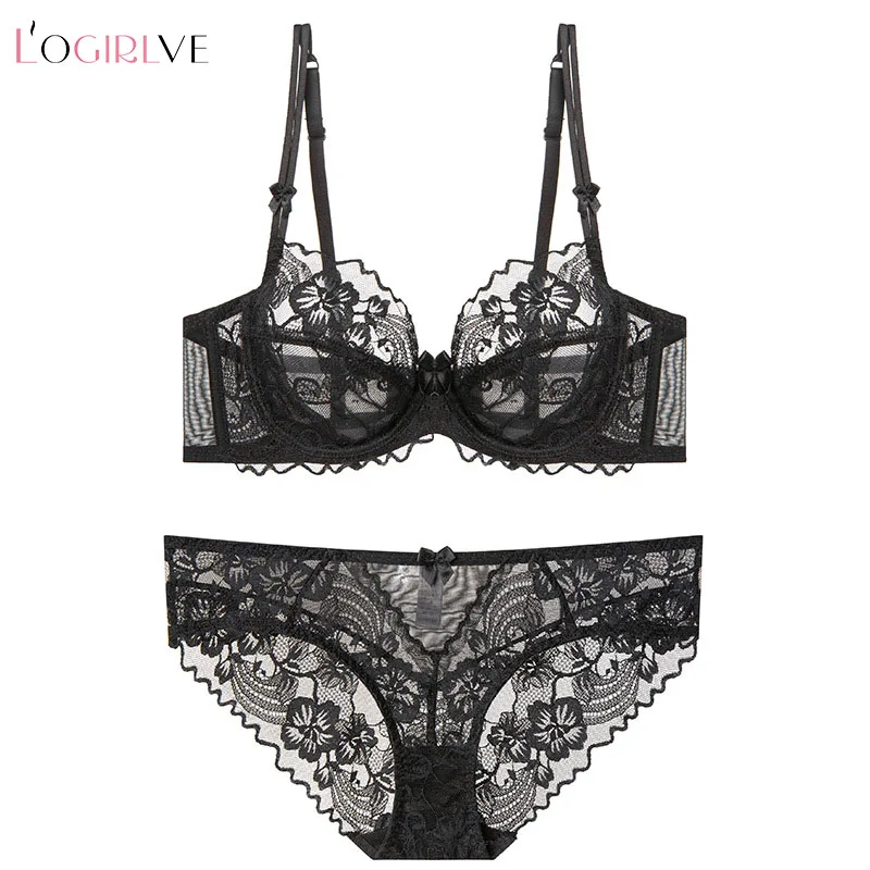 Logirlve Women’s Sexy Breathable Ultra-Thin Push-Up Bra with Lace Panties Set Elegant Underwear for Daily Wear