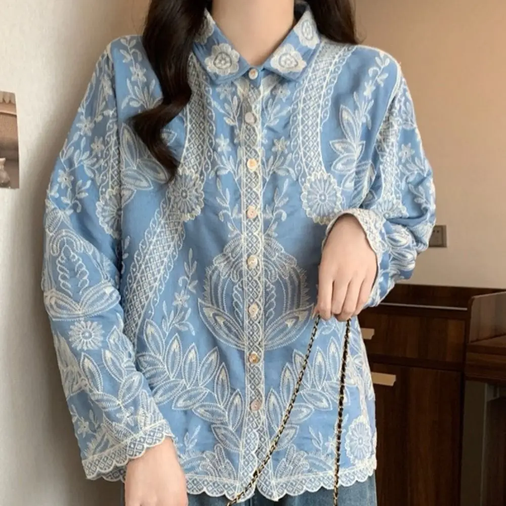 Bright Color Ethnic Style Blouse for Women Cardigans Sweet Embroidery Lace Top Irregular Hem Chic Floral Shirts Vacation