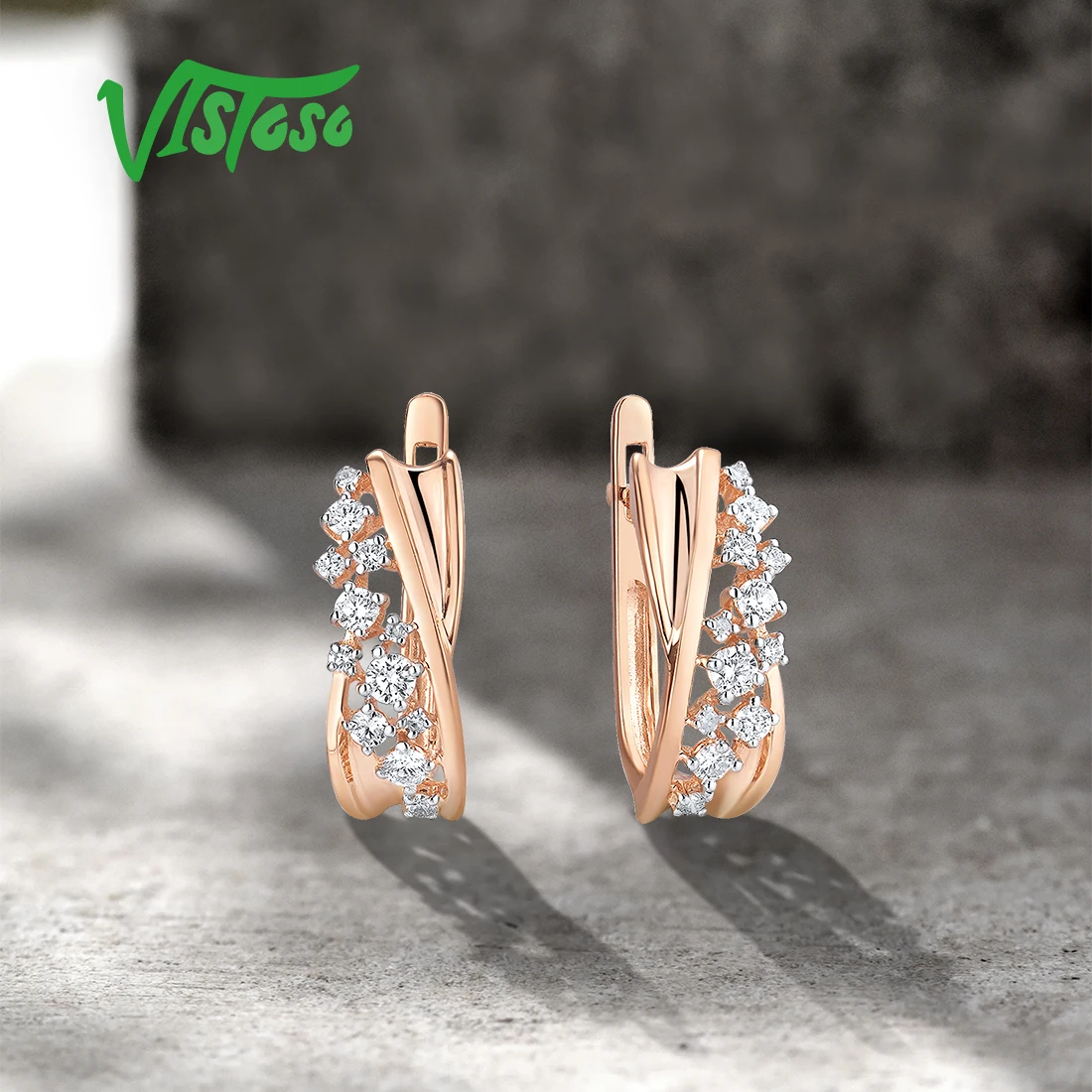 VISTOSO Genuine 14K 585 Rose Gold Earrings For Women Sparkling Diamond Classic Earrings Elegant Wedding Trendy Fine Jewelry