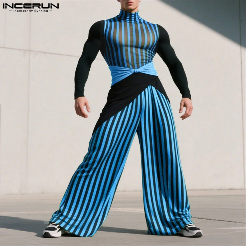 INCERUN Men Sets Mesh Striped Patchwork See Through Turtleneck Long Sleeve T Shirt & Pants 2PCS Streetwear Fashion Men's Suits
