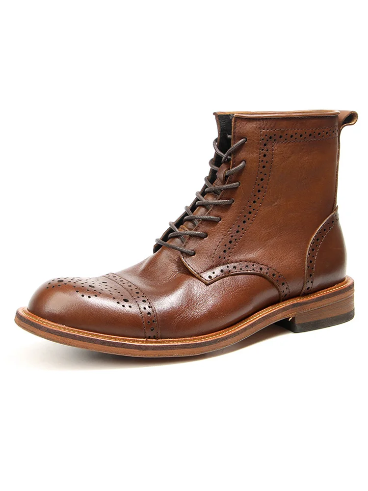 

US 6-10 Business Man Mature Office Carving Brogue Shoes Men's Cowhide Top Layer Retro Genuine Leather Suit Boots