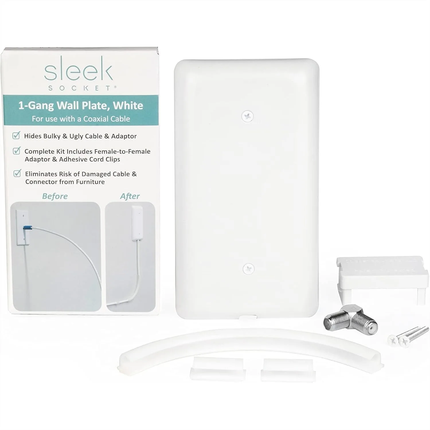

Sleek Socket Internet Coaxial Cable Concealer with Adhesive Cable Management Kit and Female-to-Female Coaxial Connector, Safety