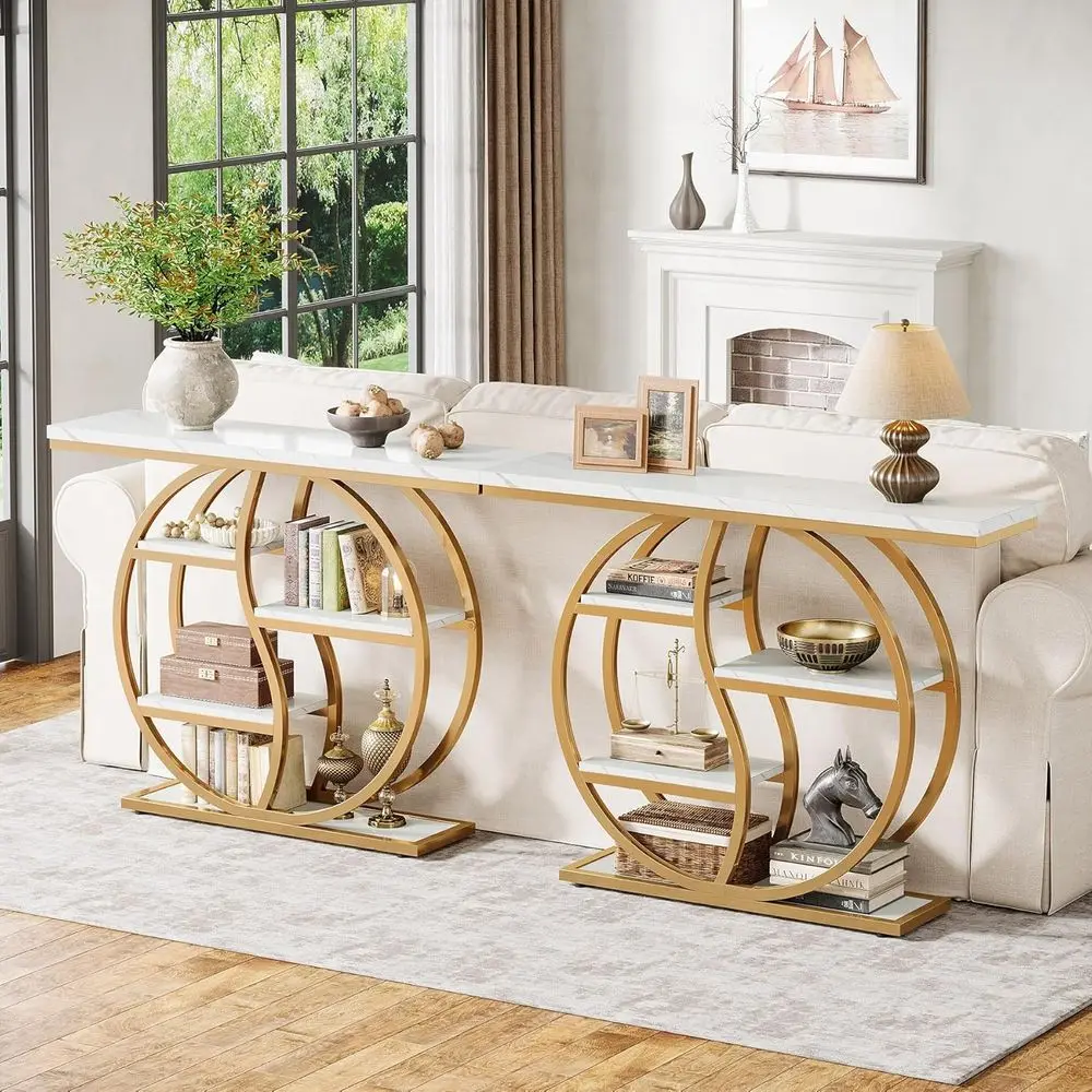 5-Tier Adjustable Entryway Table with Storage Shelves, White Gold Finish for Living Room, Hallway, or Behind Sofa