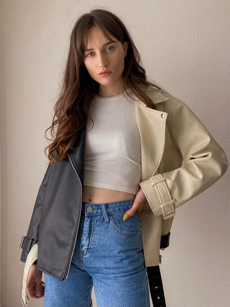 Spring Autumn Lapel Splicing Pu Leather Jacket Women Moto Frenulum Faux Soft Leather Coat Casual Loose Outwear With Belt