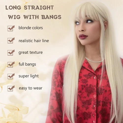 Imagen 2 del producto Peluca recta larga sintética con flequillo para mujer, pelucas largas y rectas, pelucas de aspecto Natural resistentes al calor para uso diario