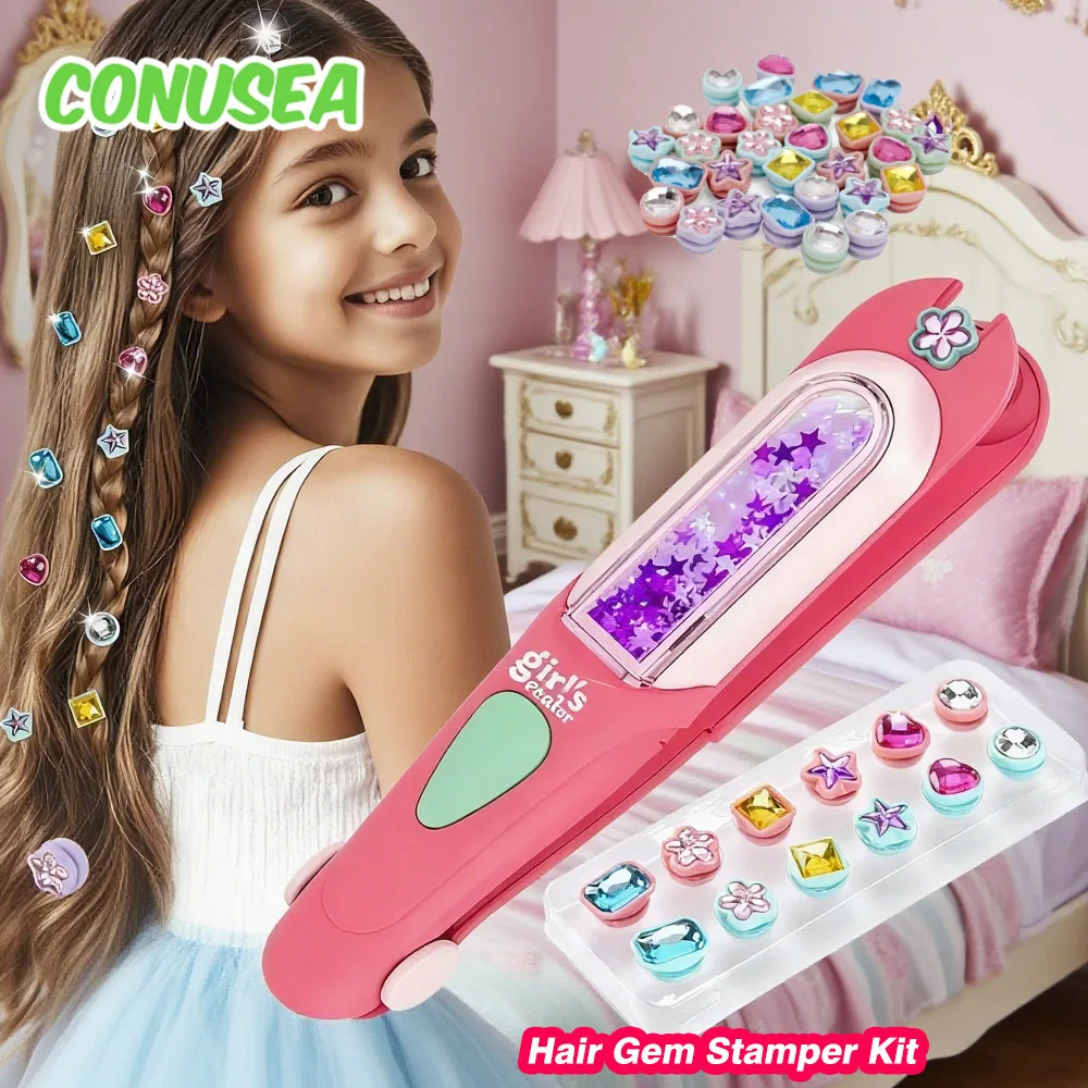 Kit de carimbo de gema de cabelo, brinquedos artesanais reutilizáveis, diamantes de cabelo, glitter, joia de cabelo, broca, presentes de natal para meninas e crianças