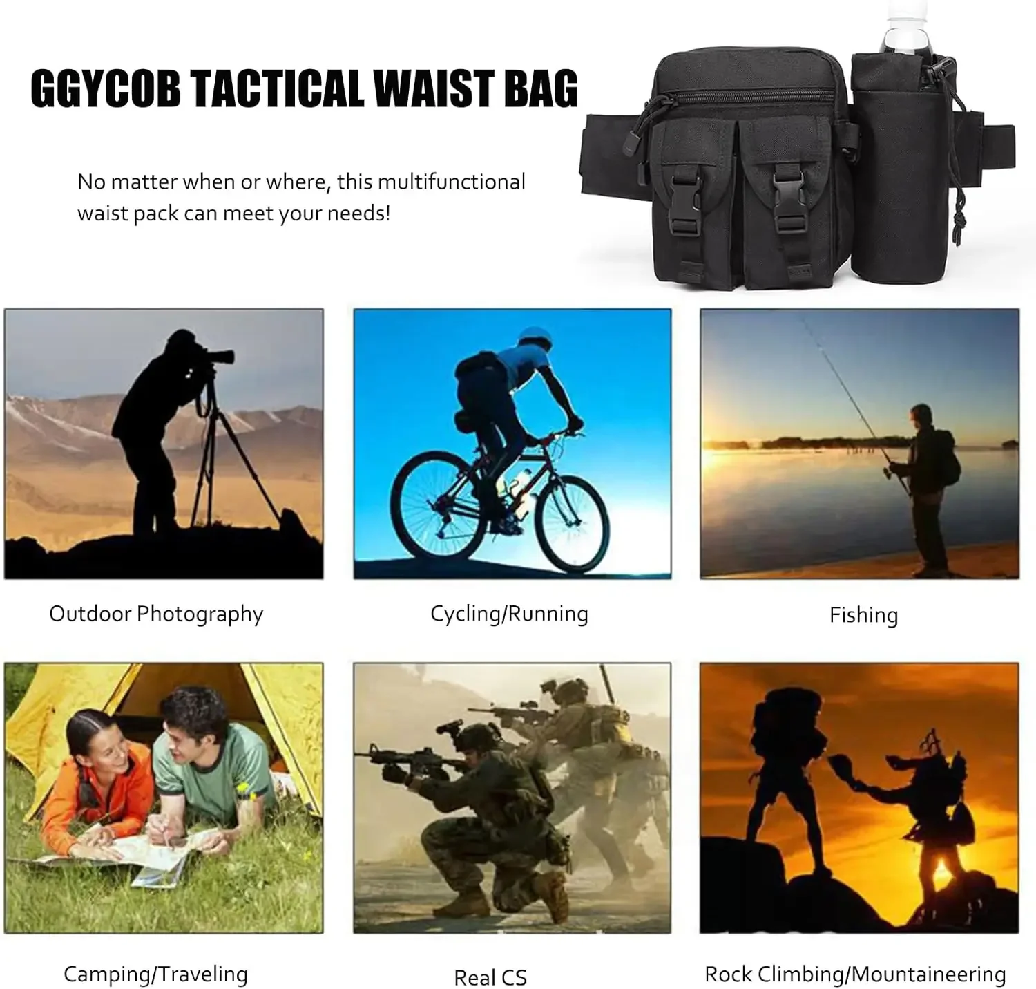 Men\'s Camping Mountaineering Waist Bag Detachable Waterproof Outdoor Tactical Waist Bag for Sports Hunting Cycling Fishing