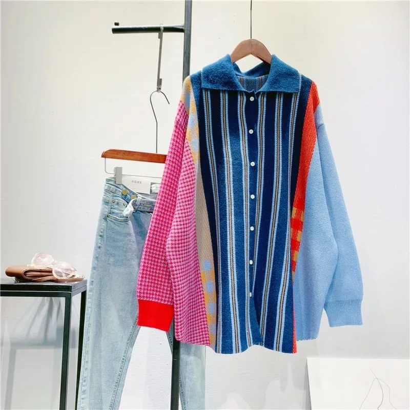 WAKUTA Casual Striped Patchwork Sweater Cardigan Loose Turn Down Neck Contrast Color Knit Tops Korean 2024 Fall Winter All Match