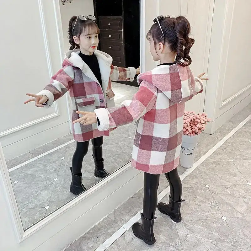 Fashion Girls clothing Jackets Autumn Winter parka Clothes Medium Long coat windbreaker Plaid Thicken Lamb Children Woolen Coats