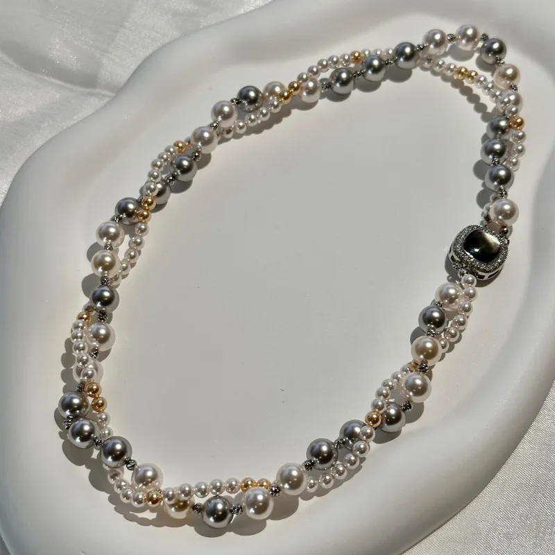 A Double-layered Pearl Necklace for Women Girl Jewelry Gift Mixed Color Pearl Beaded Collar Vintage Fashion Party Clavicle Chain