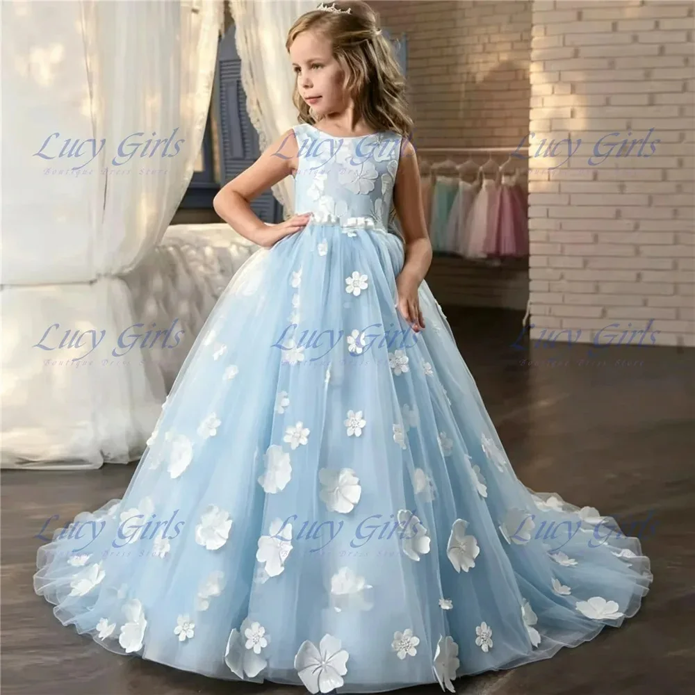 Elegant Flower Girl Dress Light Blue Tulle Puffy with Quality Applique for Wedding Birthday Banquet Princess Birthday Gowns