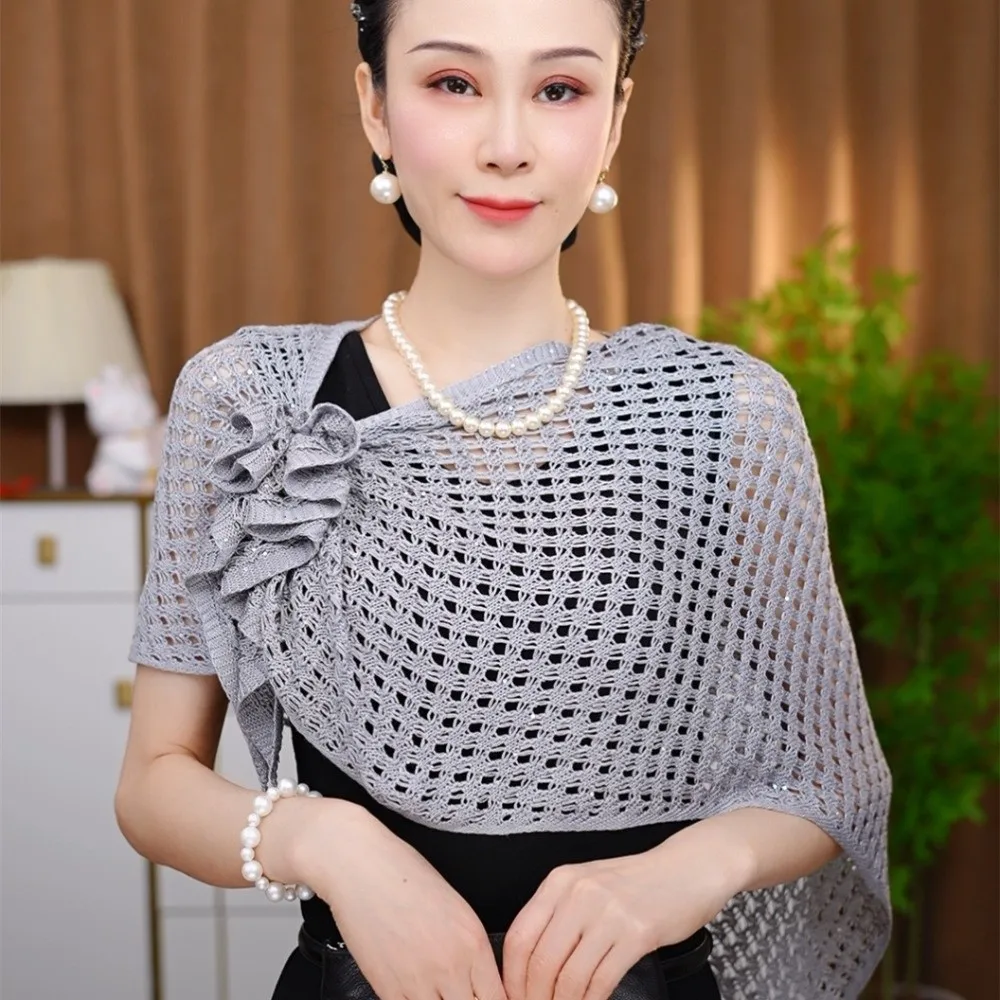 Sparkly Design Hollow Out Cardigan Front Buckle Design Short Sleeve Ice Silk Wrap Floral Pattern Cotton Material Triangle Shawl view 4