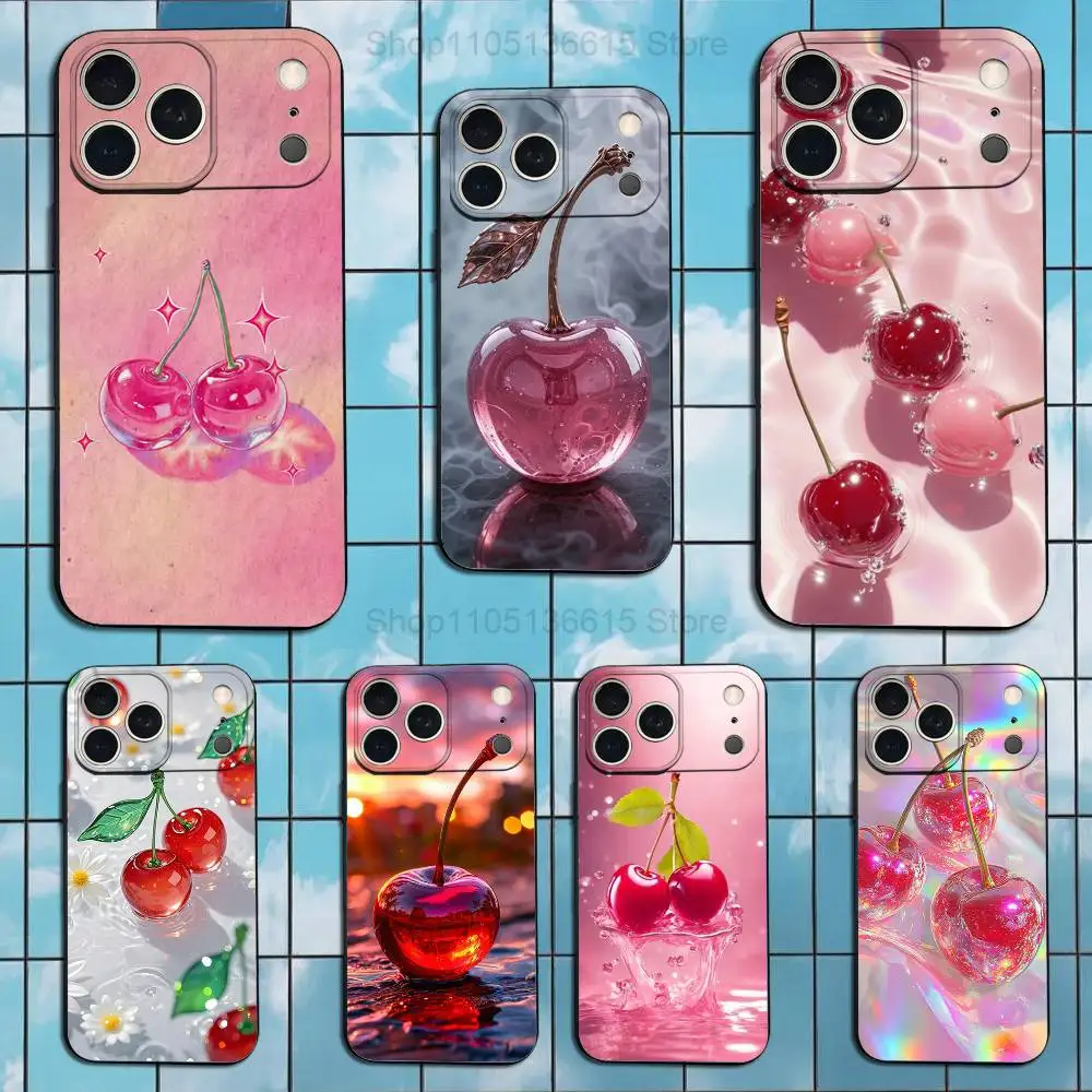 

Cute Cherries Pink Fruit Case For iPhone 15,16,12,14,17,13,11,Plus,Pro Max,8,7,XR,SE,XS,X,Mini,Soft Silicone Black