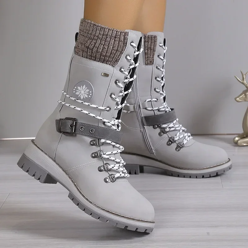 

Autumn Winter Outdoor Functional Style Women's Gray Snowflake Logo Combat Boots, Fleece-Lined Knit Cuff Warm Boots