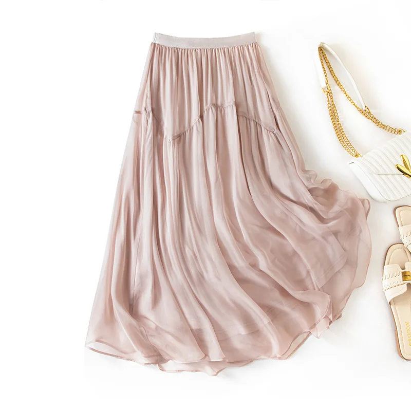 Winsleter-100%Silk Elegant Skirts, Elastic Waist Solid, Women Beach Vacation Sweet Fairy Cool Skirt, 2026 Summer New B63842CC