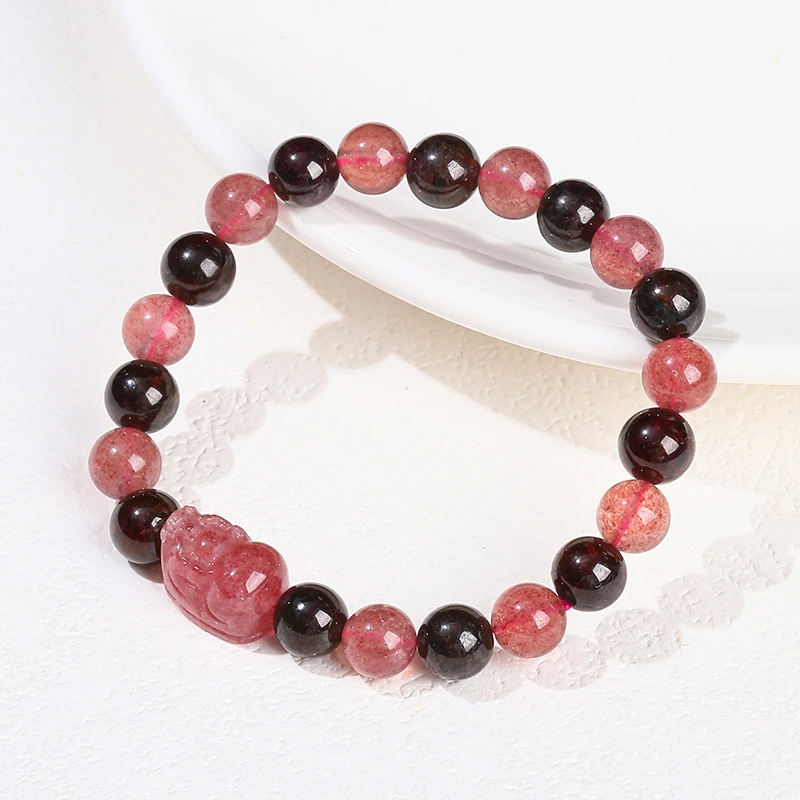 JD Natural Stone Strawberry Quartz Garnet Wealth Pixiu Lucky Bracelets Women Charming Handmade Stretch Bangles Lovers Jewelry