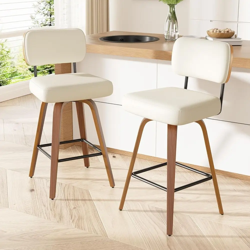 Swivel Bar Stools Set of 2, 26 Upholstered in Cream White Counter Height Barstools with Walnut Back & Bentwood Legs, Modern Bar - view 3