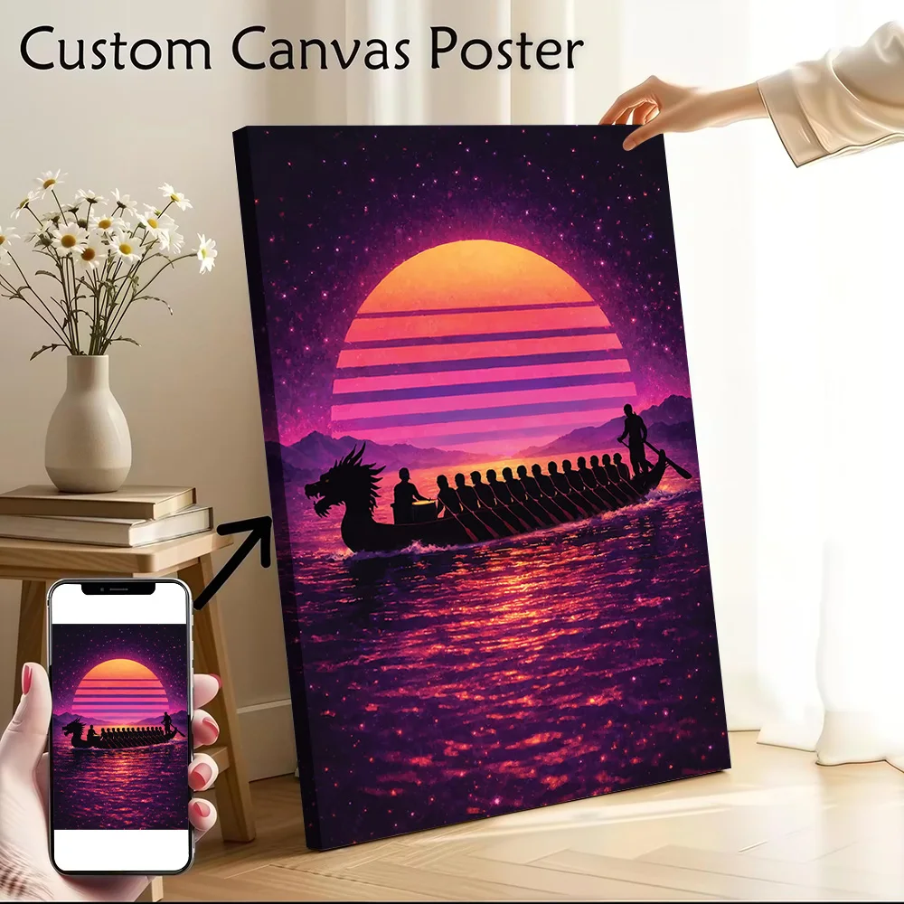 Retro Synthwave Dragon Boat Racing Art Canvas Poster Wall Art Customizable High Quality Printed Picture for Gamer Decoration