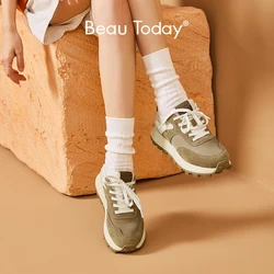 BeauToday wafel trampki kobiety świnia Suede Patchwork mieszane kolory Chunky okrągłe Toe grube podeszwy buty damskie mieszkania Handmade C29199