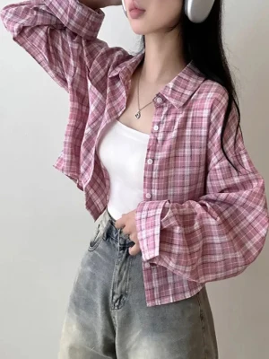 Chic Plaid ort Svel frauen irt Lose Fit Lange Sve drehen-unten Kragen Lazy Sle Koreanische Design Frühling herbst Top