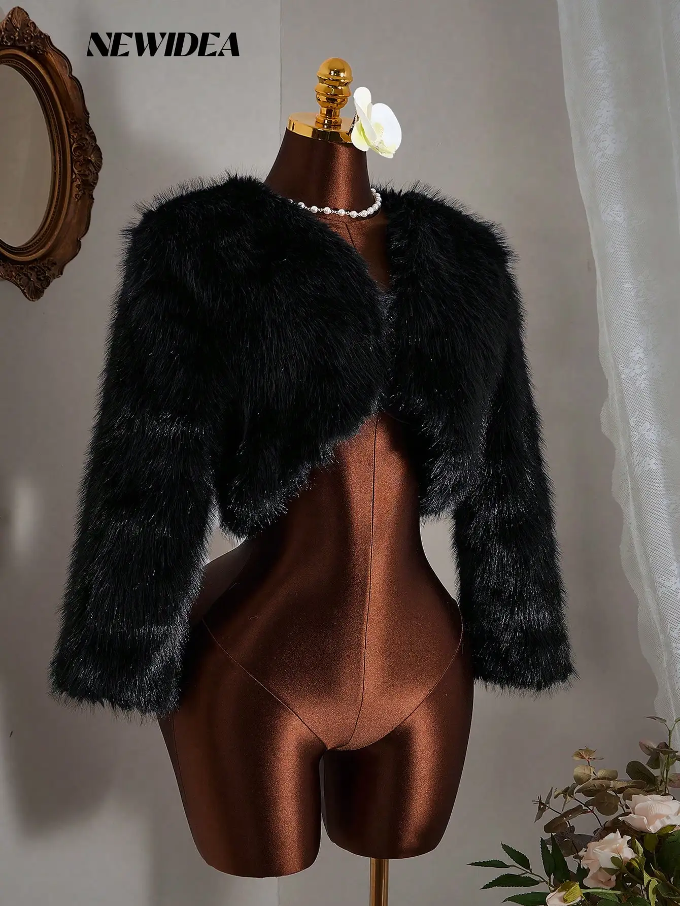 

Черный жакет-болеро из искусственного меха для женщин, с длинными рукавами и асимметричным подолом, элегантное зимнее пальто для вечеринок