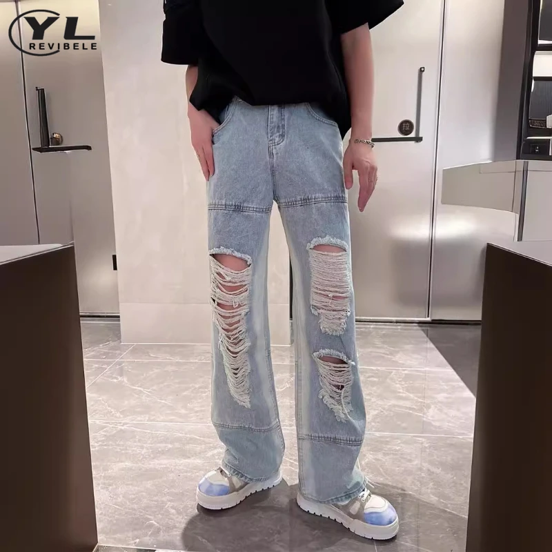 

Hip Hop Blue Hole Jeans Men American Vintage Loose Straight Wide Leg Denim Pants Fashion Casual High Waist Trousers Summer New