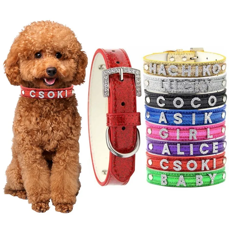 Pets Name Tag Dog Collar Bling Rhinestone DIY Name Puppy Cat Leather Collars For Small Large Dogs Necklace Free Name Pet Items