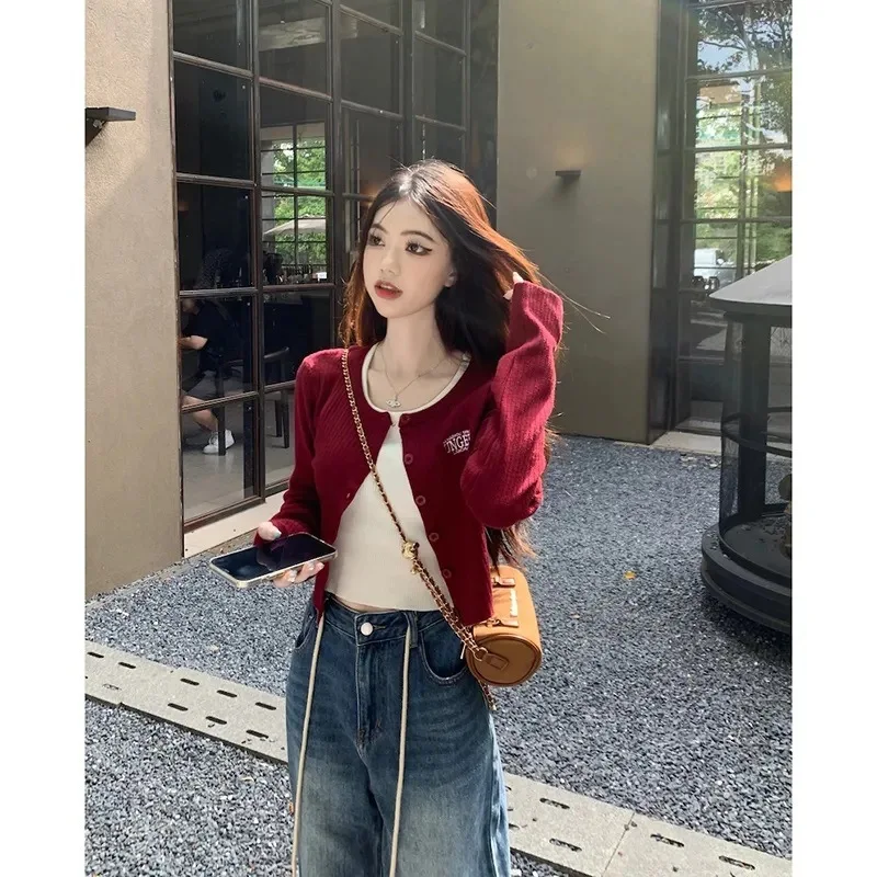 النمط الأمريكي حار كم طويل محبوك سترة مفتوحة سترة الخريف إلكتروني التطريز ملابس خارجية قصيرة أعلى جودة TikTok تاوباو #3