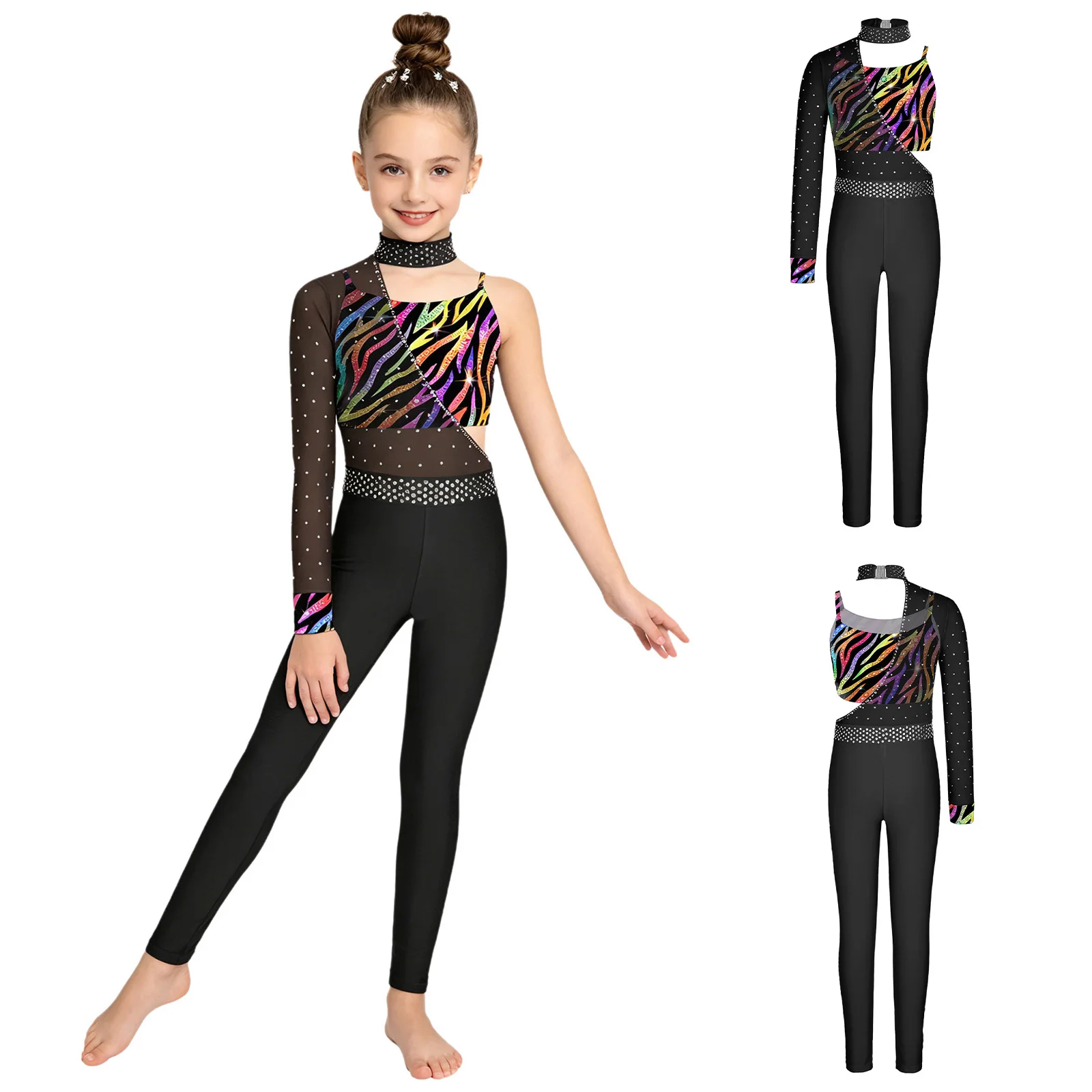 Kinder Mädchen Ballett Gymnastik Tanzoutfit Asymmetrischer Einschultriger Mesh-Jumpsuit mit Langen Ärmeln und Strass-Verzierung mit Crop-Top-Set