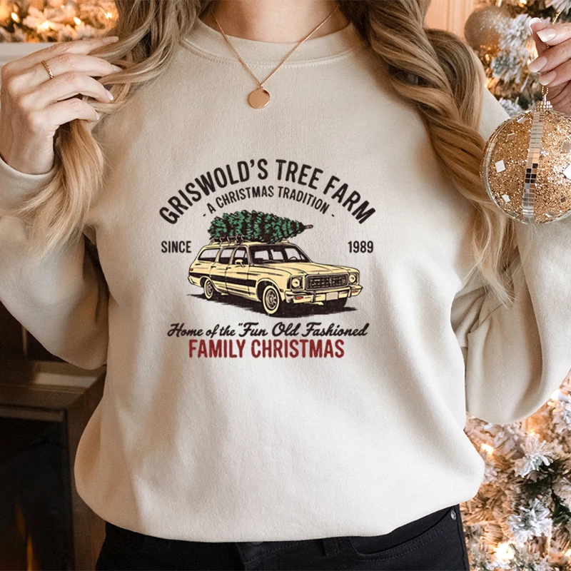 Family Christmas Tree Farm Graphic Fashion Casual Hoodies Festive Tree Car Classic Sweater Retro Christmas Womens Sweatshirts