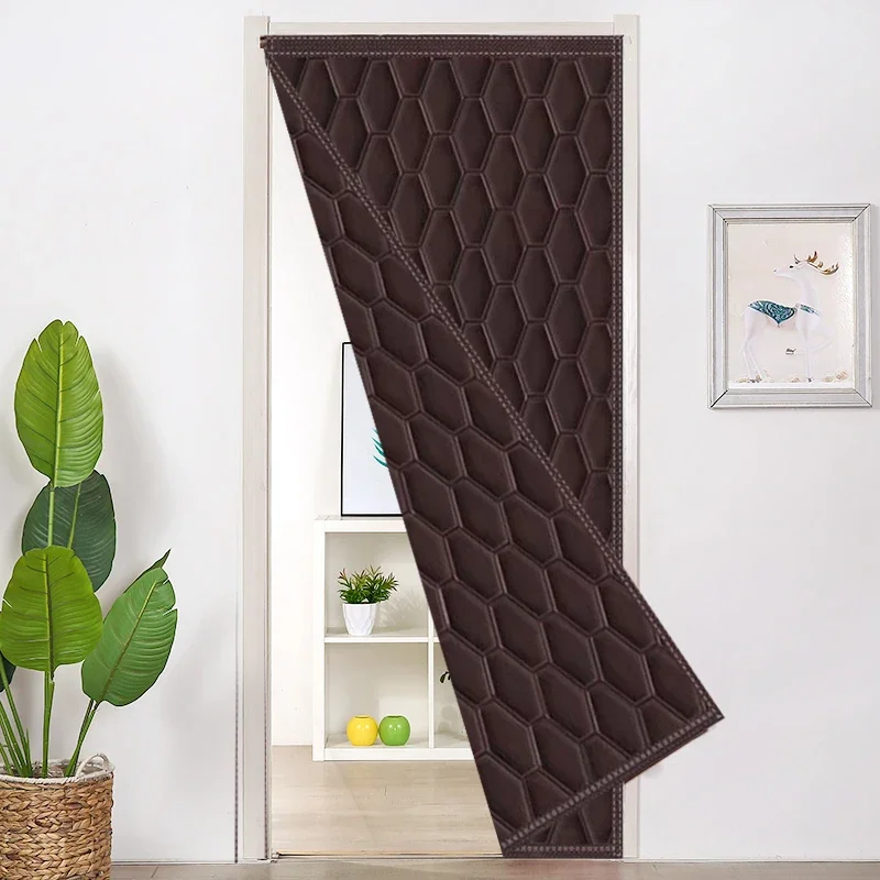 Winter Door Curtain Cotton Hexagonal Solid Color Thick Windproof and Cold Proof Perforated Curtain with Exquisite Insulation