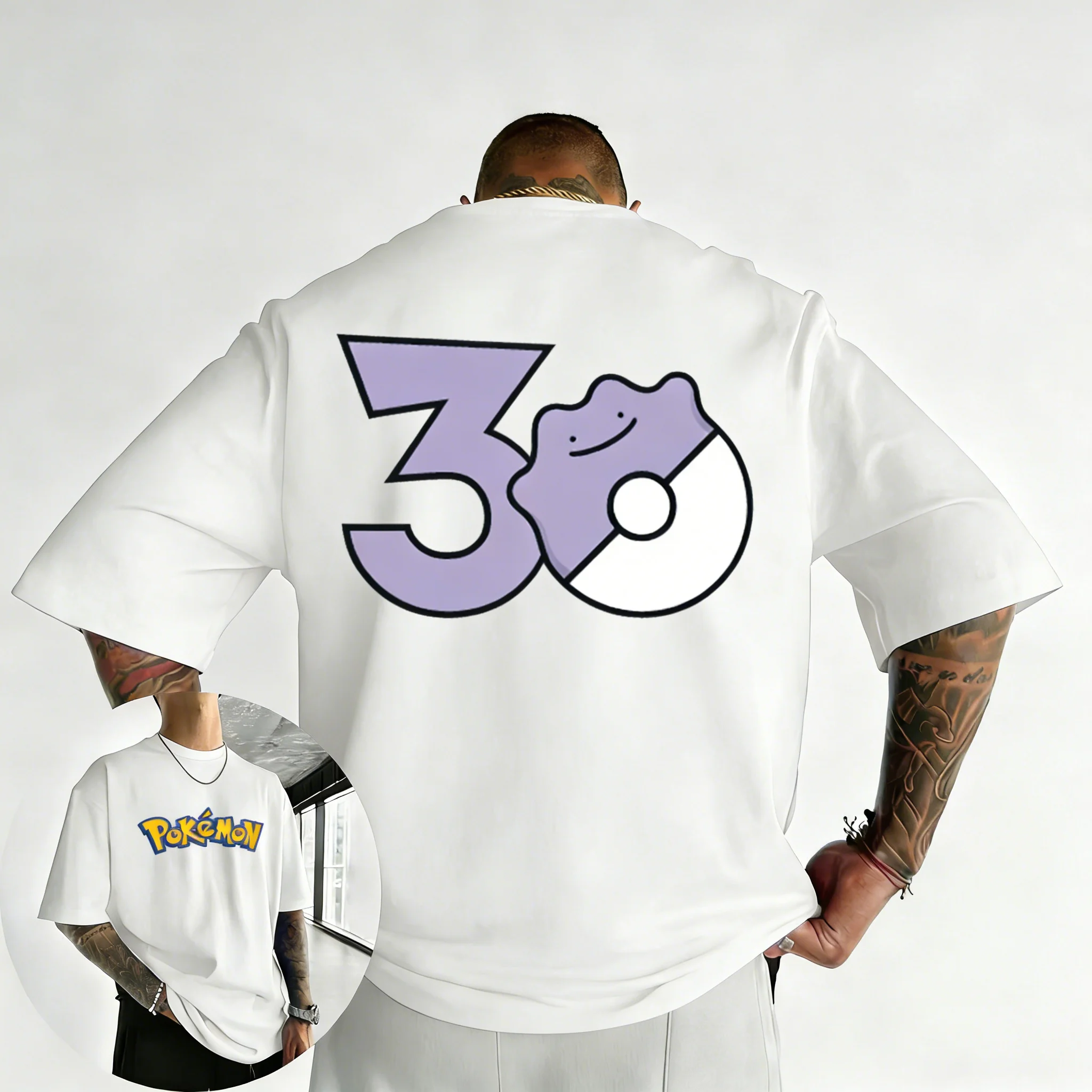 Bandai Pokémon 30th Anniversary Ditto bedrucktes T-Shirt, Sommer, neu, für Herren und Damen, trendiges, großes, lockeres, lässiges Y2K-Kurzarm-Top