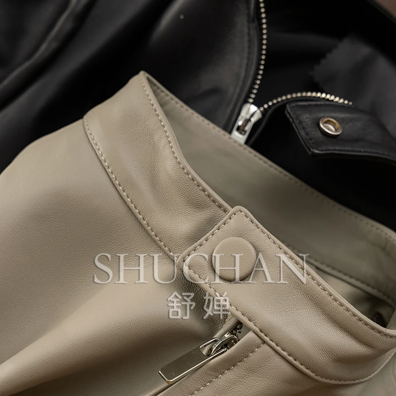 Locomotive Wind Cabinet Lightly Painted Sheepskin Stand-up Collar Jacket Leather Jacket Short Coat Women 14E4