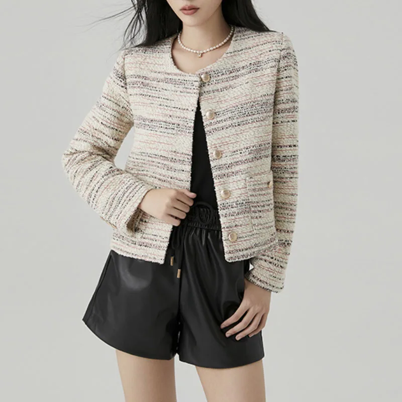 

Colored Striped Button Jacket Women Round Neck Baggy Fashion Blazer Autumn And Winter Cozy Commuter Premium Party Jacket