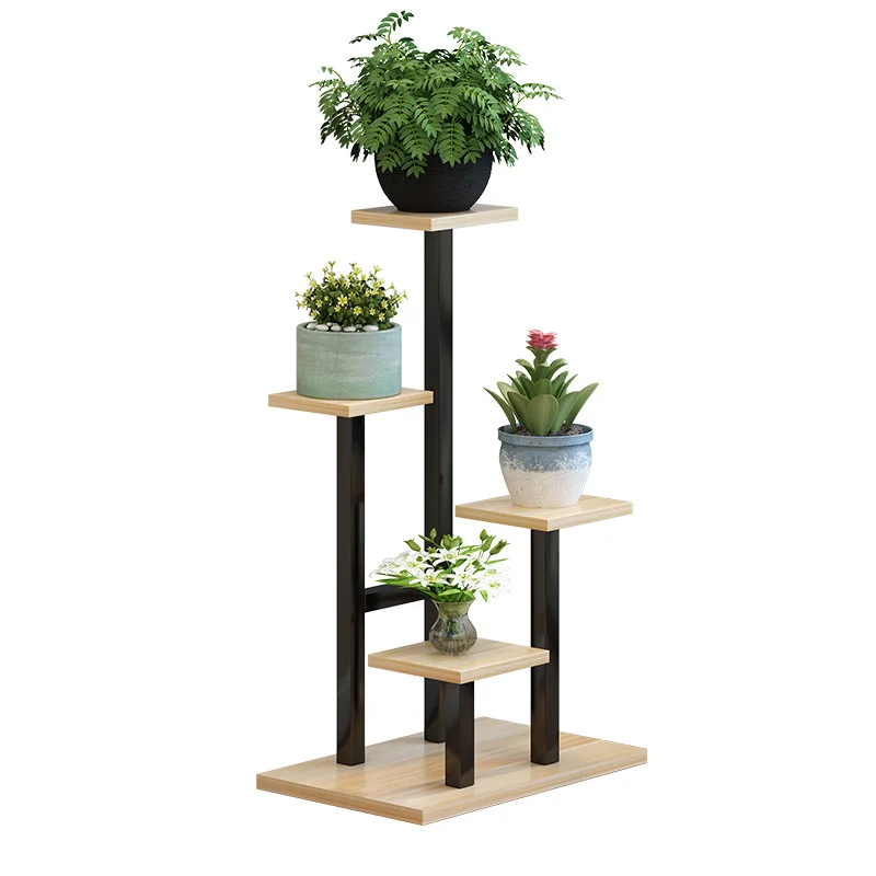 Multi Story Balcony Iron Flower Rack Living Room Decoration Flower Pot Rack Steel And Wood Storage Rack