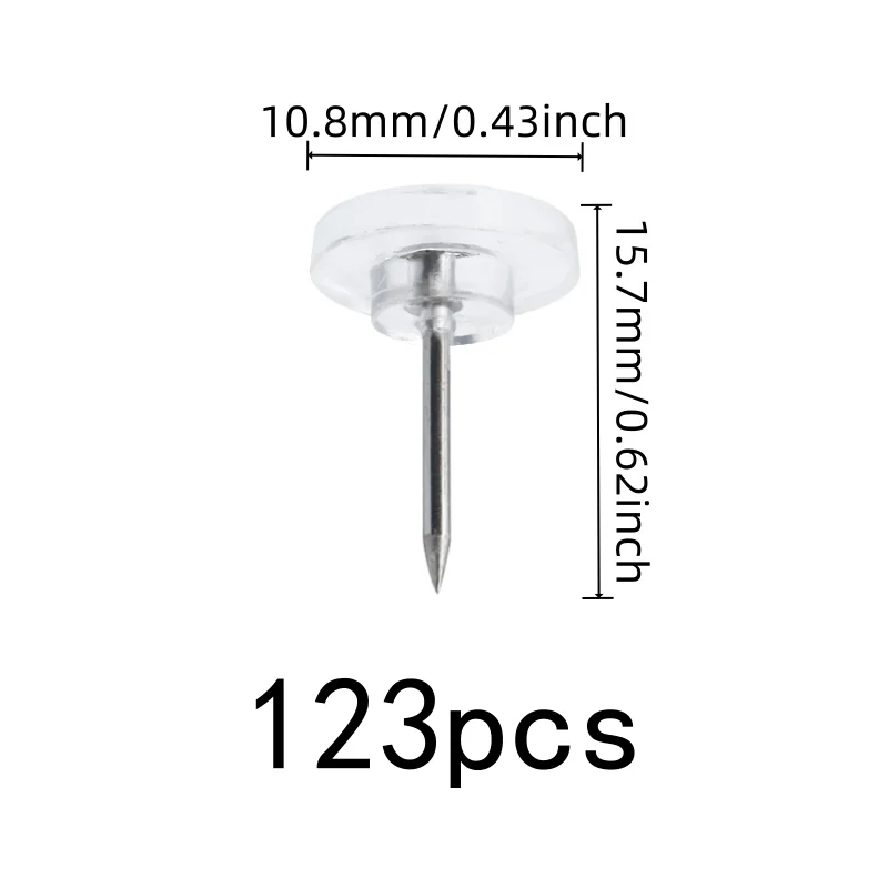 123 pcs Clear Flat Thumb Tacks, Easy Push Sharp Pin, suitable for Home Calendar Fixing, Compact Discrete Design
