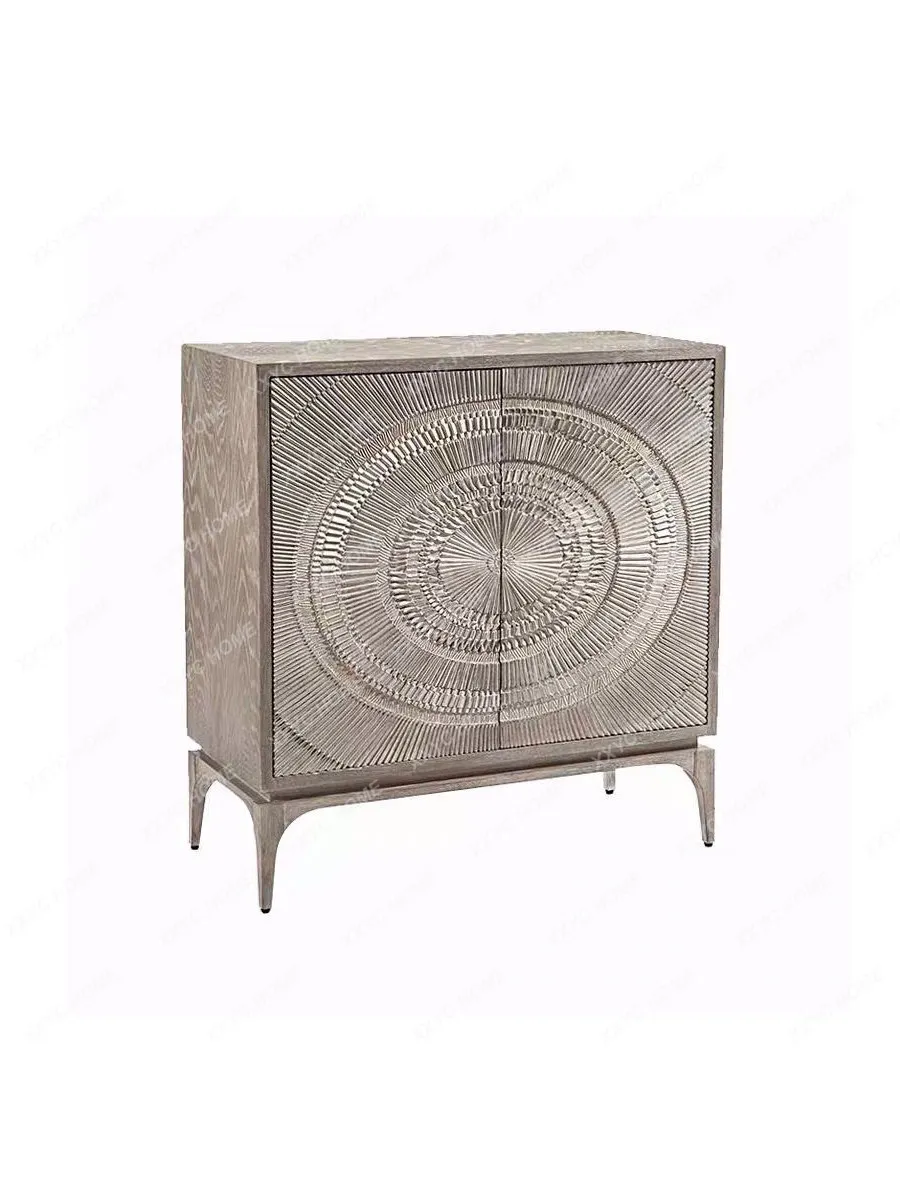 Light luxury entryway cabinet, solid wood carved high-end living room wall-side storage , silver distressed sideboard