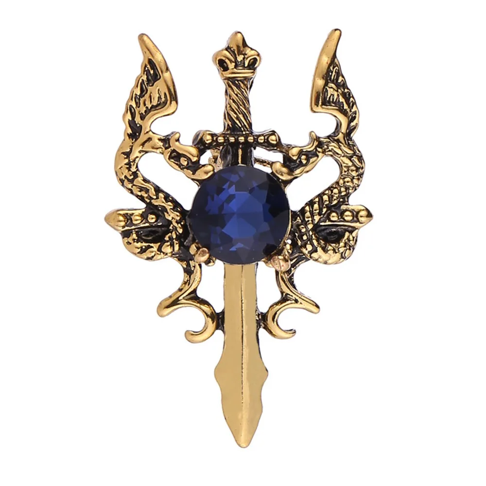 Broche de traje con piedras preciosas y espada de dragón doble Vintage para hombre, 1 ud.