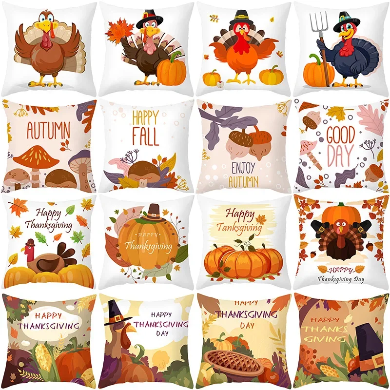 Fall Thanksgiving Cushion Cover 45x45 cm Pumpkin Harvest Funny Turkey Printed Pillow Cover Farmhouse Home Decor Throw Pillowcase