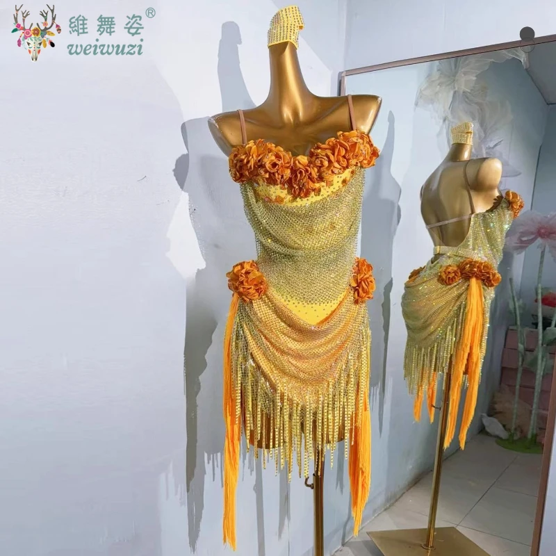 Latin Dance Performance Costume Diamond Female Adult Children High End Customized Flower Collar Fringed Dress Samba Flash Dress
