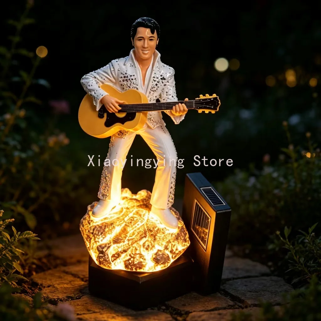 Solar Powered Elvis Guitar Player Garden Light Resin Rock Singer Sculpture IP65 Weatherproof Outdoor Patio Lawn Ornament Gift