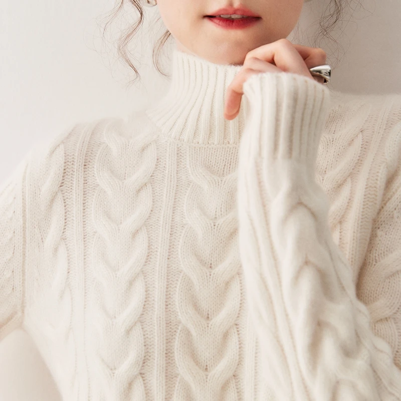 Women 100% Cashmere Sweater Turtleneck Pullover Cable Knitting Preppy Style Cashmere Knitwear Autumn Winter Heavyweight Clothing