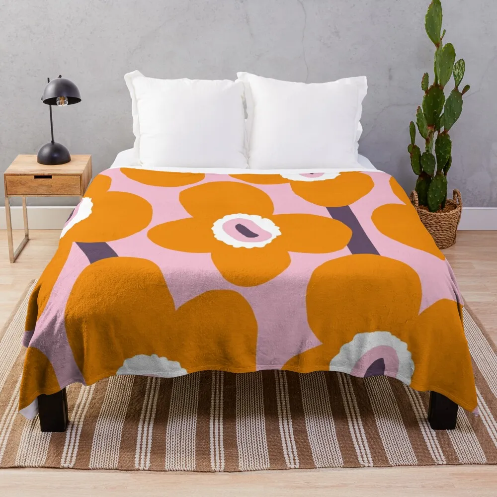 

Iconic Retro Scandinavian Floral Pattern Pink, Tangerine Orange and Purple Throw Blanket Soft Plaid Blankets For Sofas Blankets