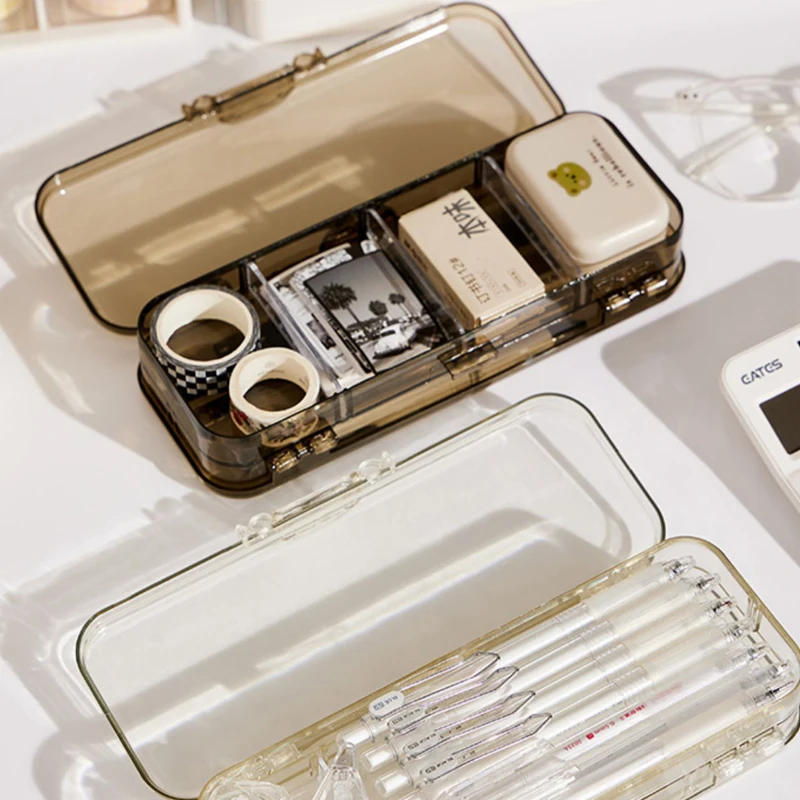 

Коробка для офиса и школы, большая емкость для хранения, новый прозрачный пенал Kawaii, двухслойная многофункциональная детская ручка, канцелярские принадлежности