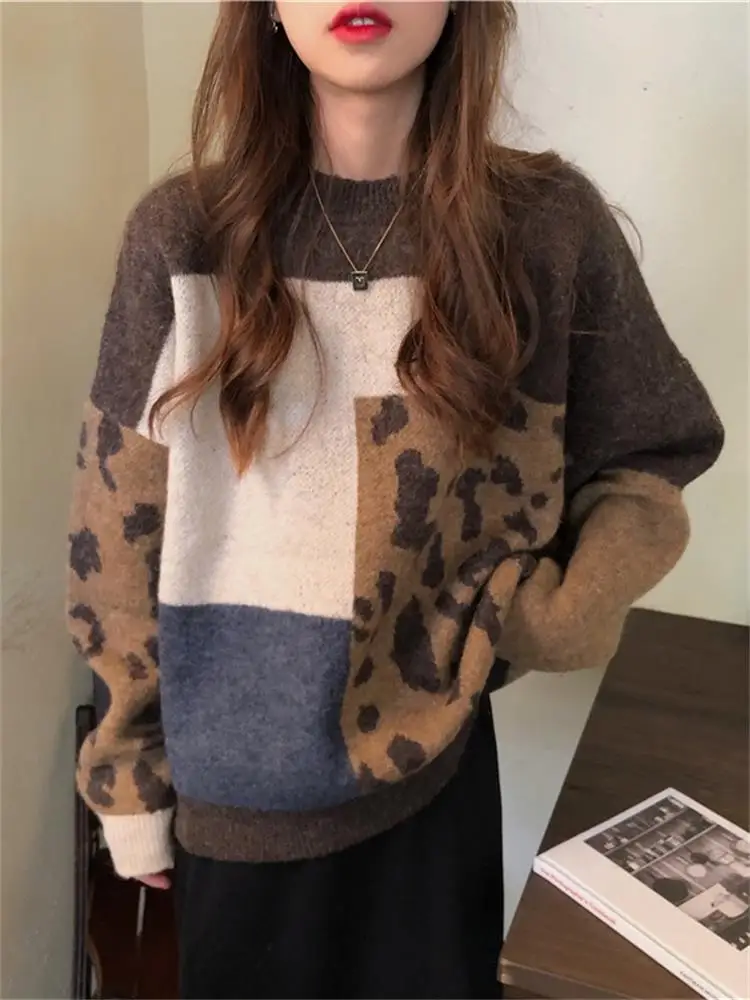 H.SA 2022 Women Vintage Leopard Pullover And Sweaters Winter Patchwork Brown Knit Jumpers Loose Style Korean Slim Pull Jumpers