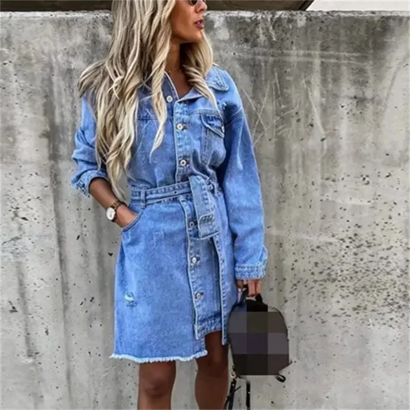 Moda fori rotti abiti in Denim donna cintura a vita alta vestito giuntura bavero monopetto Cardigan abito nuovo Casual Streetwear